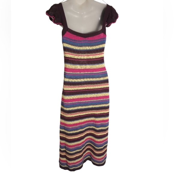 Zara Women's Multicolor Striped Knit Midi  Ruffle Sleeve Scoop Neck Boho Medium - Picture 7 of 7